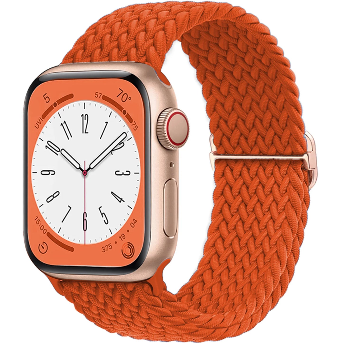 Apple Watch with orange braided strap, featuring a soft elastic nylon band for comfort and style.