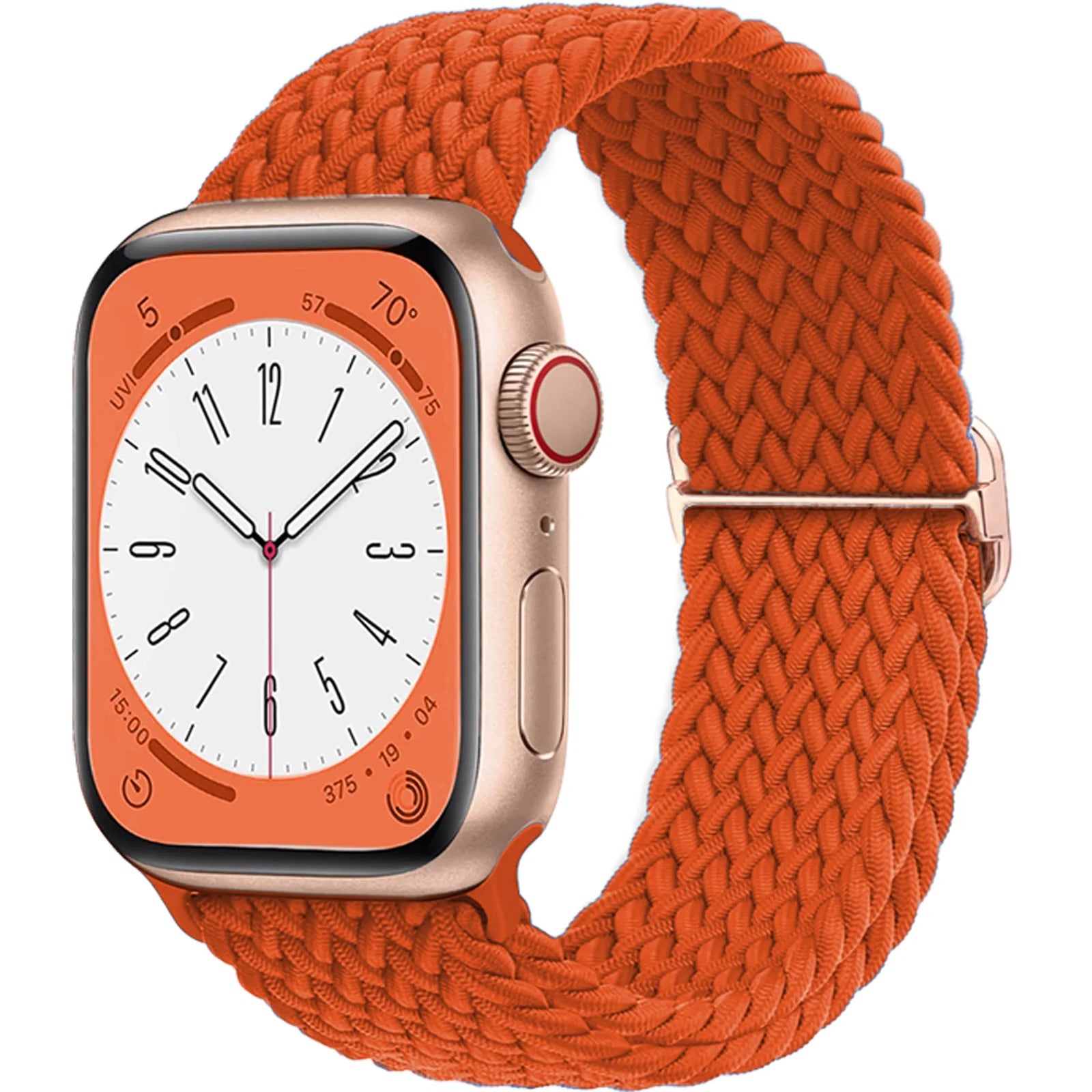 Apple Watch with orange braided strap, featuring a soft elastic nylon band for comfort and style.