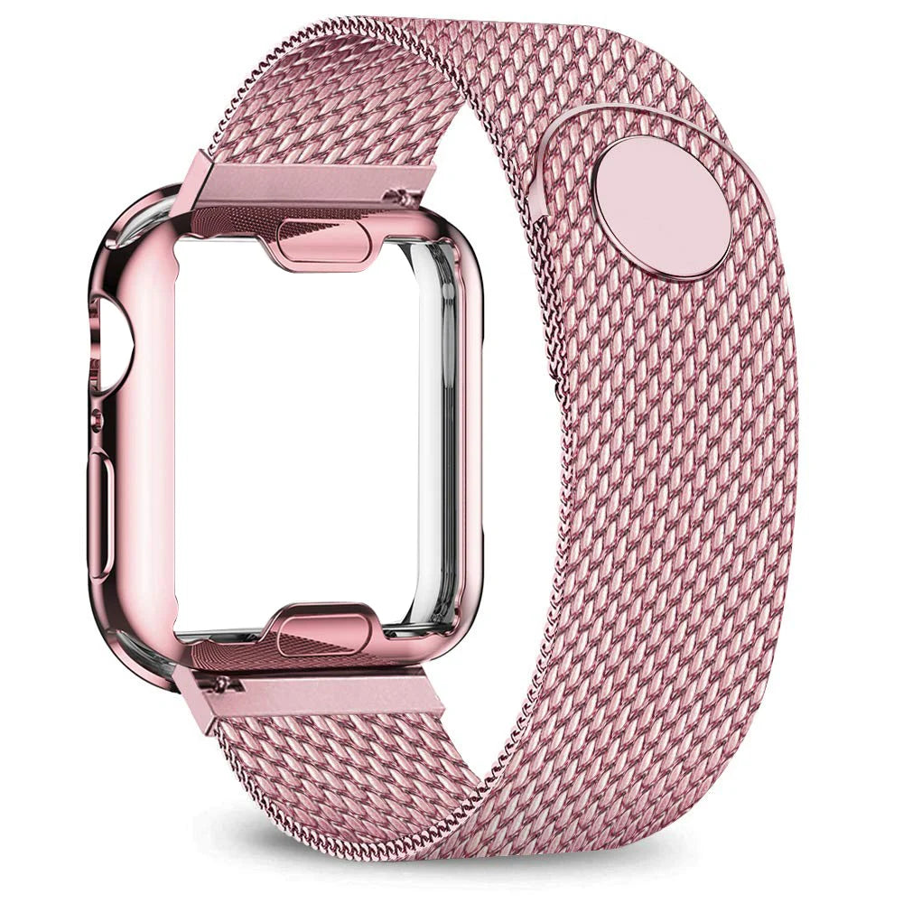 Magnetic Milanese Mesh Apple Watch Band with Matching Case in Pink