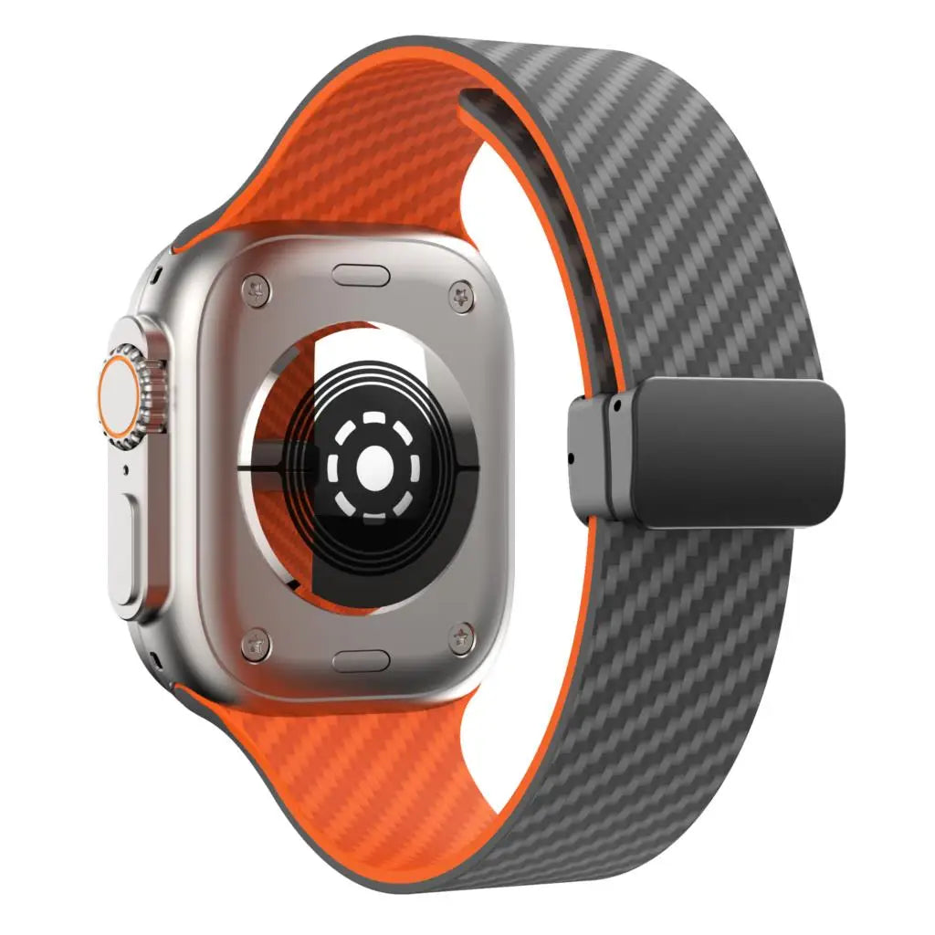 Apple Watch Silicone Strap in black and orange with magnetic buckle, showcasing a durable design and comfortable fit.
