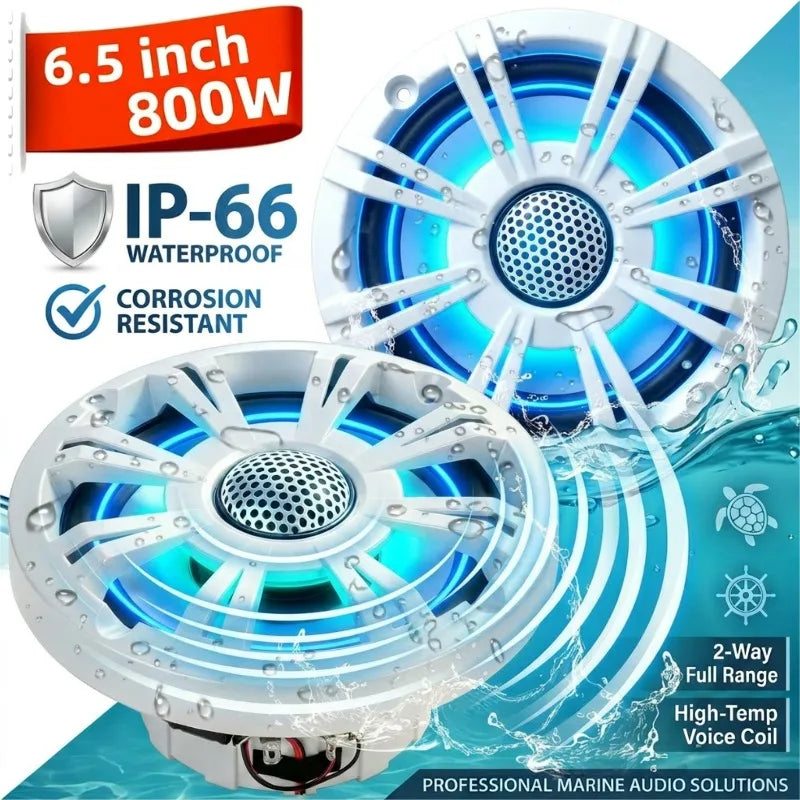 6.5 in LED Golf Cart Speaker, Waterproof Marine Coaxial Speaker, White