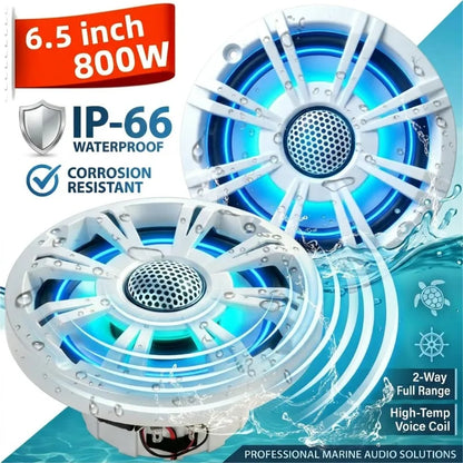 6.5 in LED Golf Cart Speaker, Waterproof Marine Coaxial Speaker, White