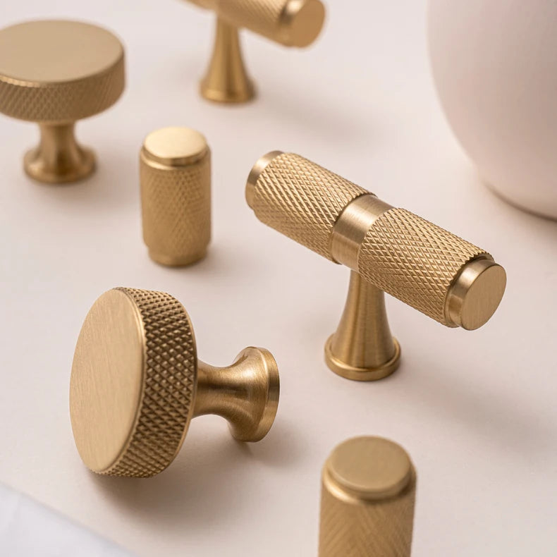Knurled solid brass round and T-bar cabinet knobs in brushed brass