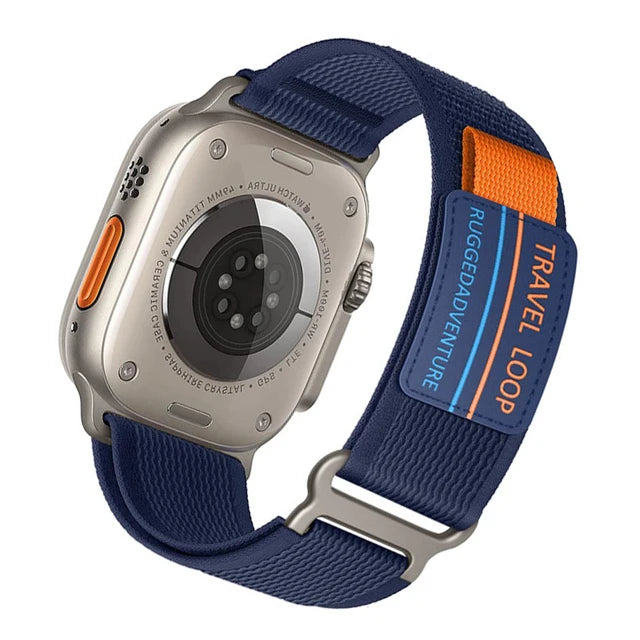 Apple Watch Nylon Band - Rugged Trail Loop in blue with orange highlights, perfect for outdoor adventures.