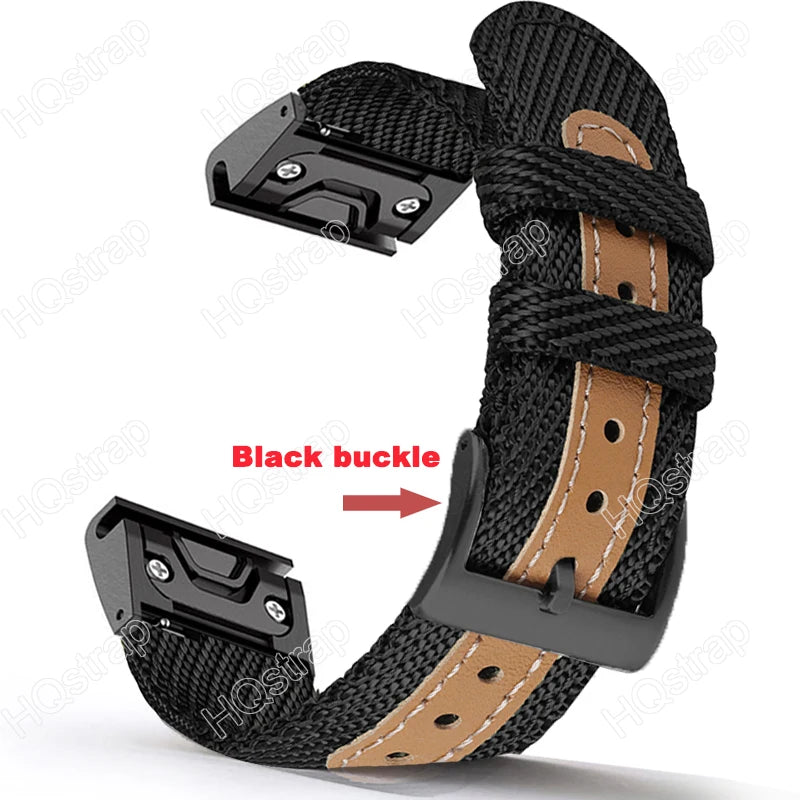 Garmin Sport Nylon Strap with black buckle, breathable design for smartwatch replacement, durable band for everyday use.