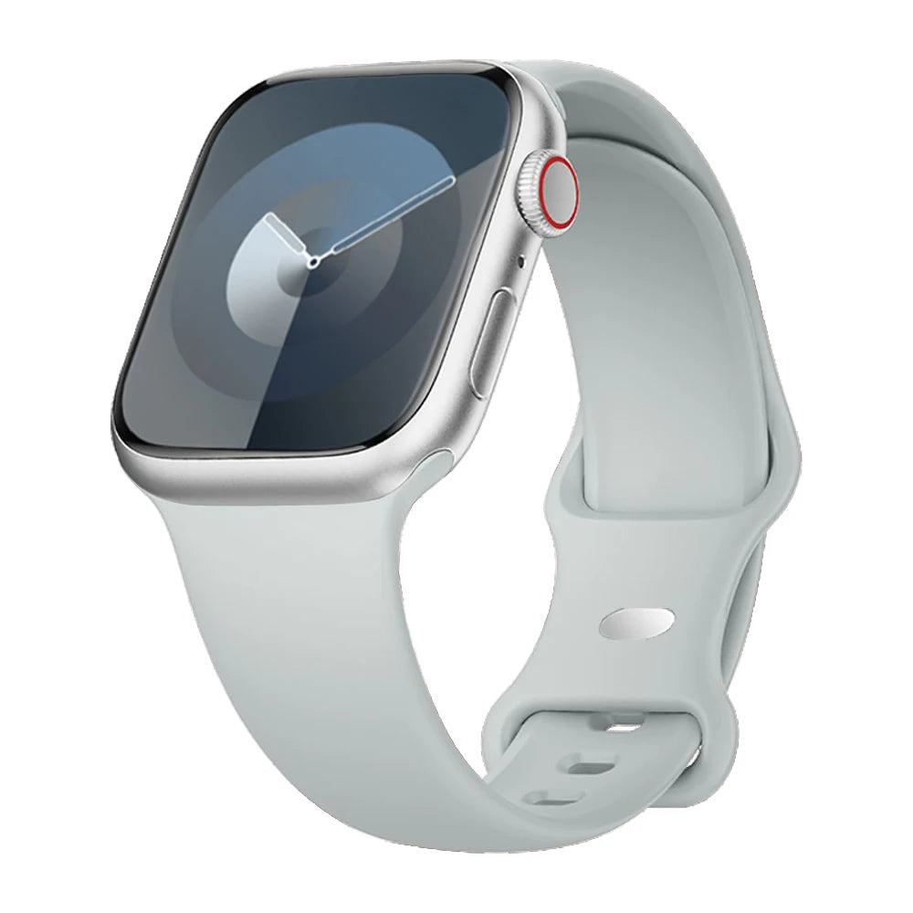 Apple Watch with soft flexible silicone strap in light gray, ideal for comfort and waterproof use.