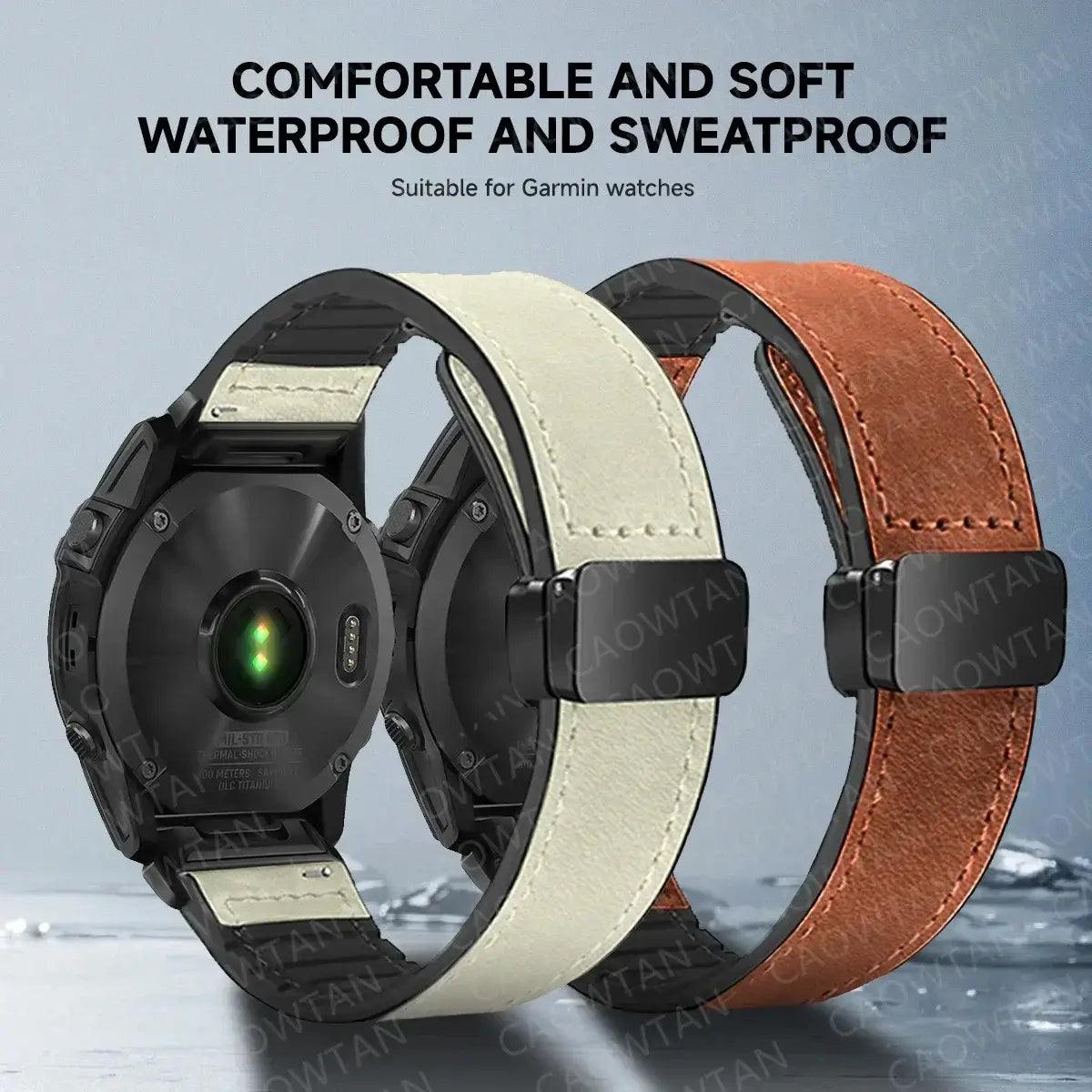 Garmin QuickFit Magnetic Leather Band stitched leather band views shown on watches