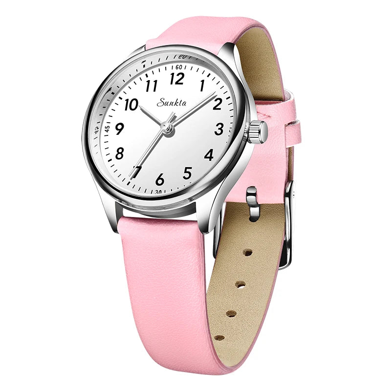 Women's Arabic Numeral Quartz Watch — Pink Strap / Silver Tone / White Dial — BandsCo Straps