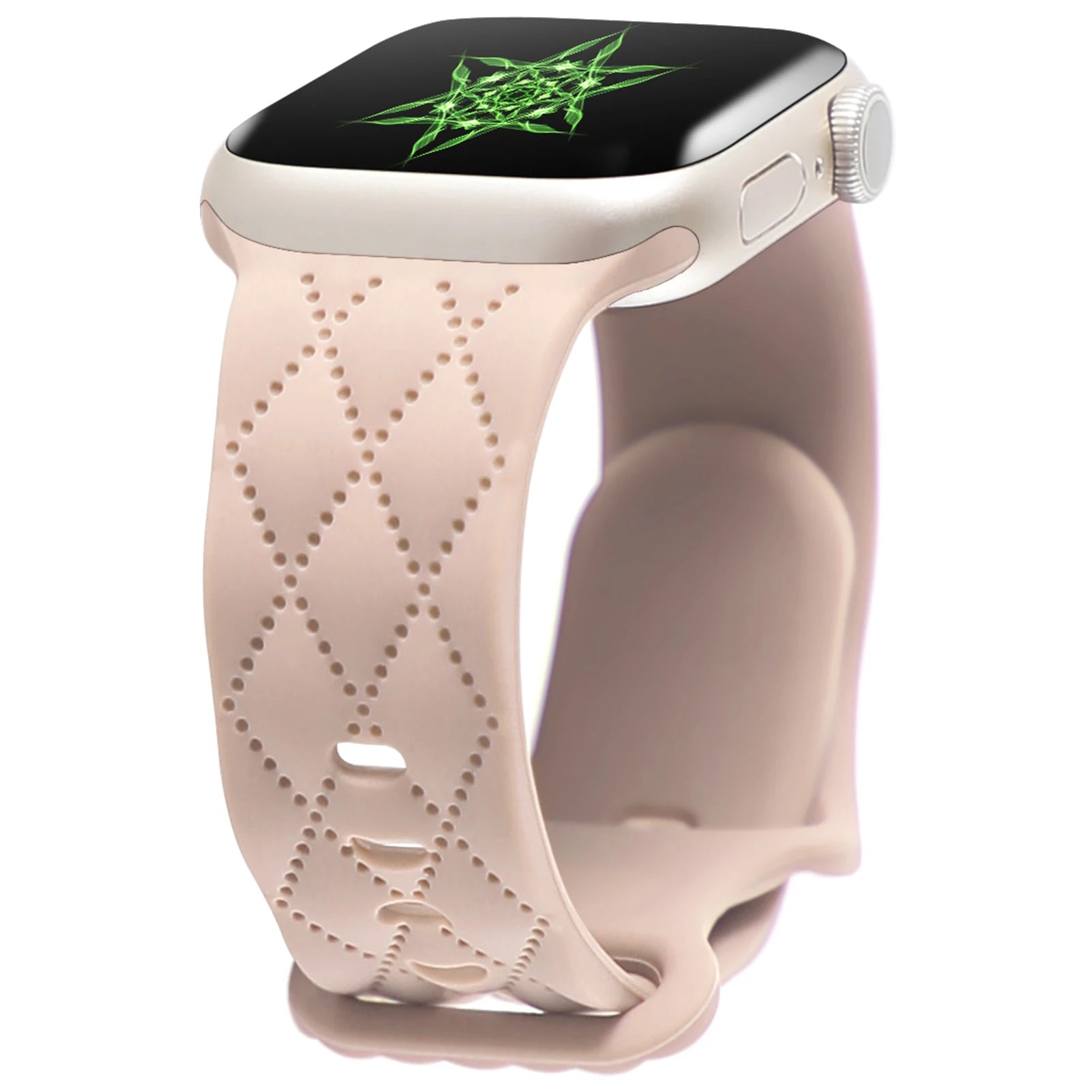 Apple Watch with a soft pink silicone strap featuring a diamond pattern, designed for comfort and waterproof use.