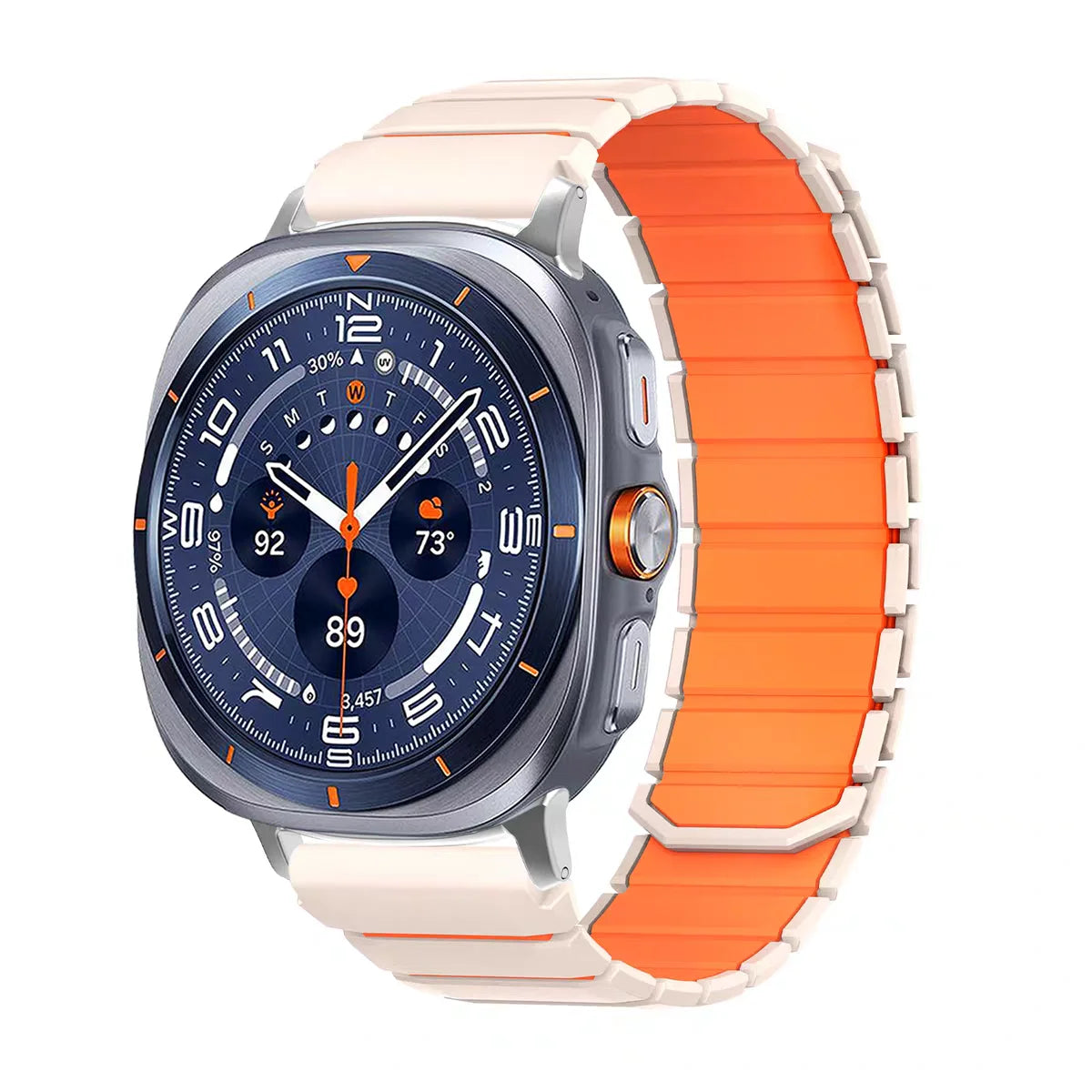 Samsung Galaxy Silicone Magnetic Watch Band Fits Watch8/Watch8 Classic/Watch9/Ultra/Ultra2 in Starlight Orange color.