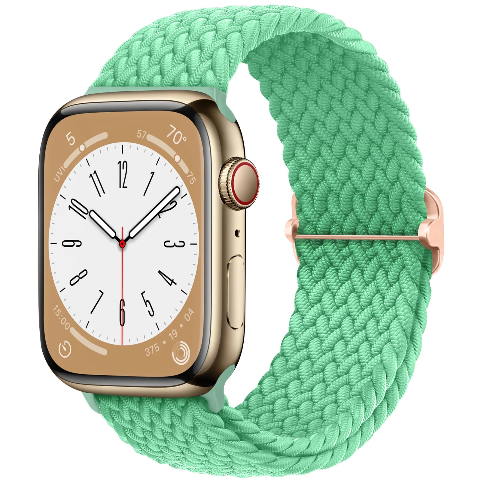 Apple Watch with braided soft elastic nylon strap in mint green, highlighting its lightweight and comfortable design.