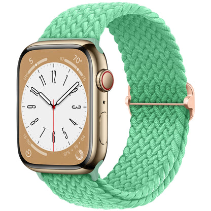 Apple Watch with braided soft elastic nylon strap in mint green, highlighting its lightweight and comfortable design.