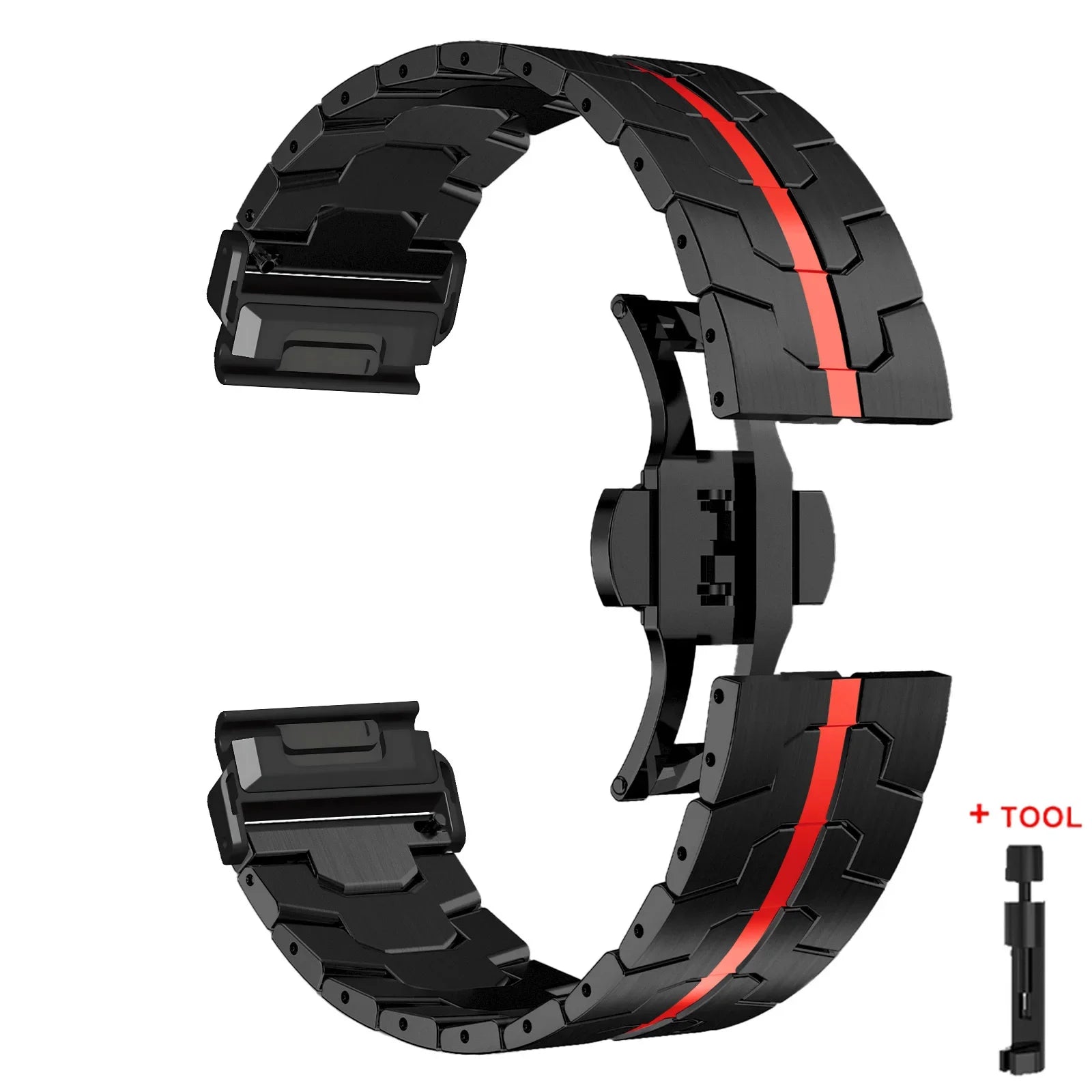 Garmin QuickFit black stainless steel watch strap with red accents, perfect for enhancing your Garmin smartwatch.