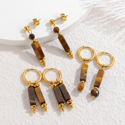 Tiger's eye column drop earrings in three styles