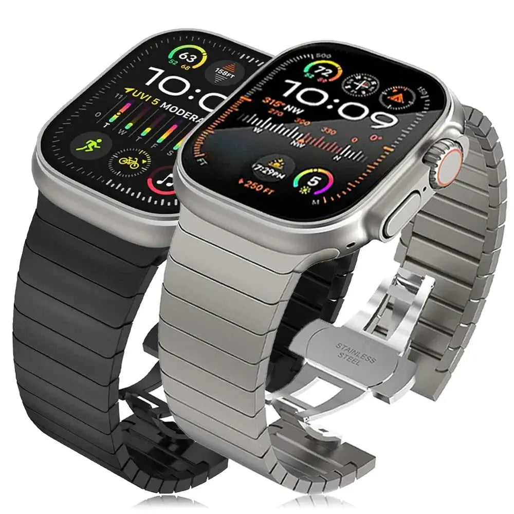Black and metallic-tone flat-link stainless steel Apple Watch bracelets