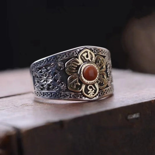 Carnelian flower ring in antiqued 925 sterling silver