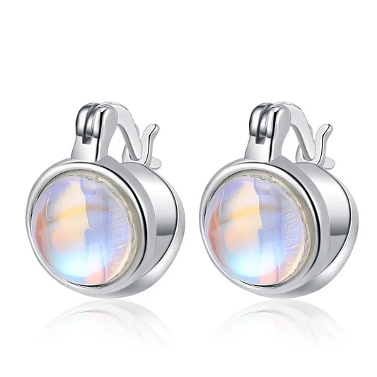 Round Simulated Moonstone Huggie Hoop Earrings, 925 Sterling Silver, photo 1