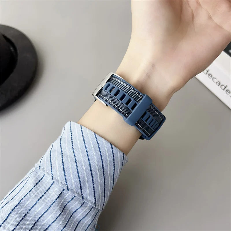 Textured Silicone Band for Motorola Moto — Blue strap buckle worn on wrist