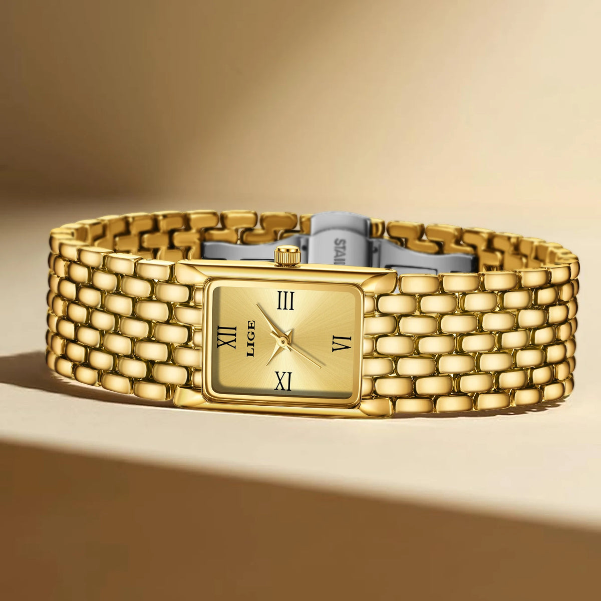 Women's Rectangular Roman Dial Bracelet Watch — Gold-tone bracelet and clasp view — BandsCo Straps