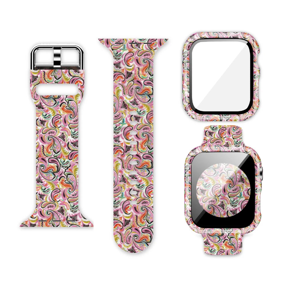 Colorful Apple Watch silicone strap and matching case with unique printed designs for stylish personalization.