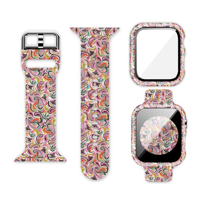 Colorful Apple Watch silicone strap and matching case with unique printed designs for stylish personalization.