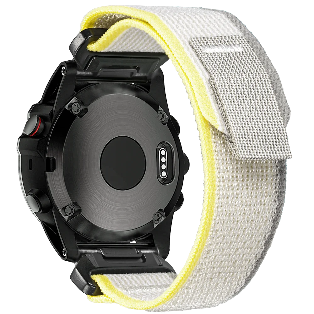 Garmin smartwatch with a rugged woven nylon sport band in white and yellow, showcasing durability and comfort.