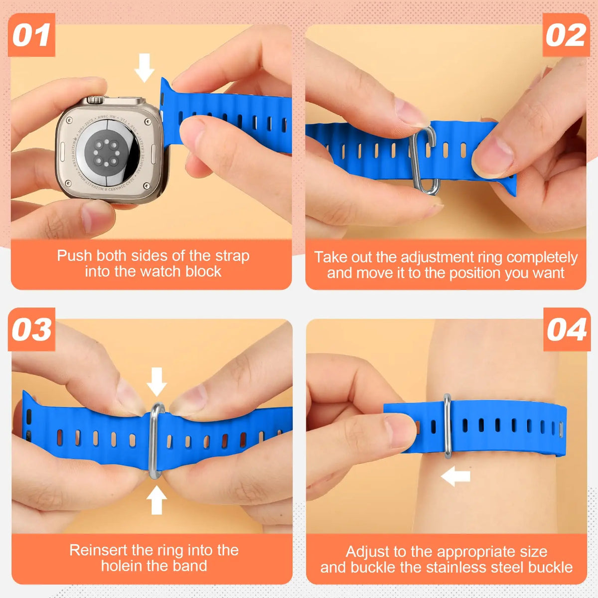 Illustrated connector installation and keeper adjustment steps for Apple Watch