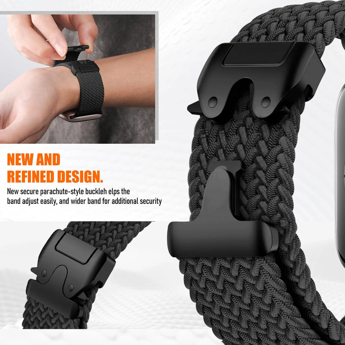 Close-up of black parachute-style buckle and strap adjuster