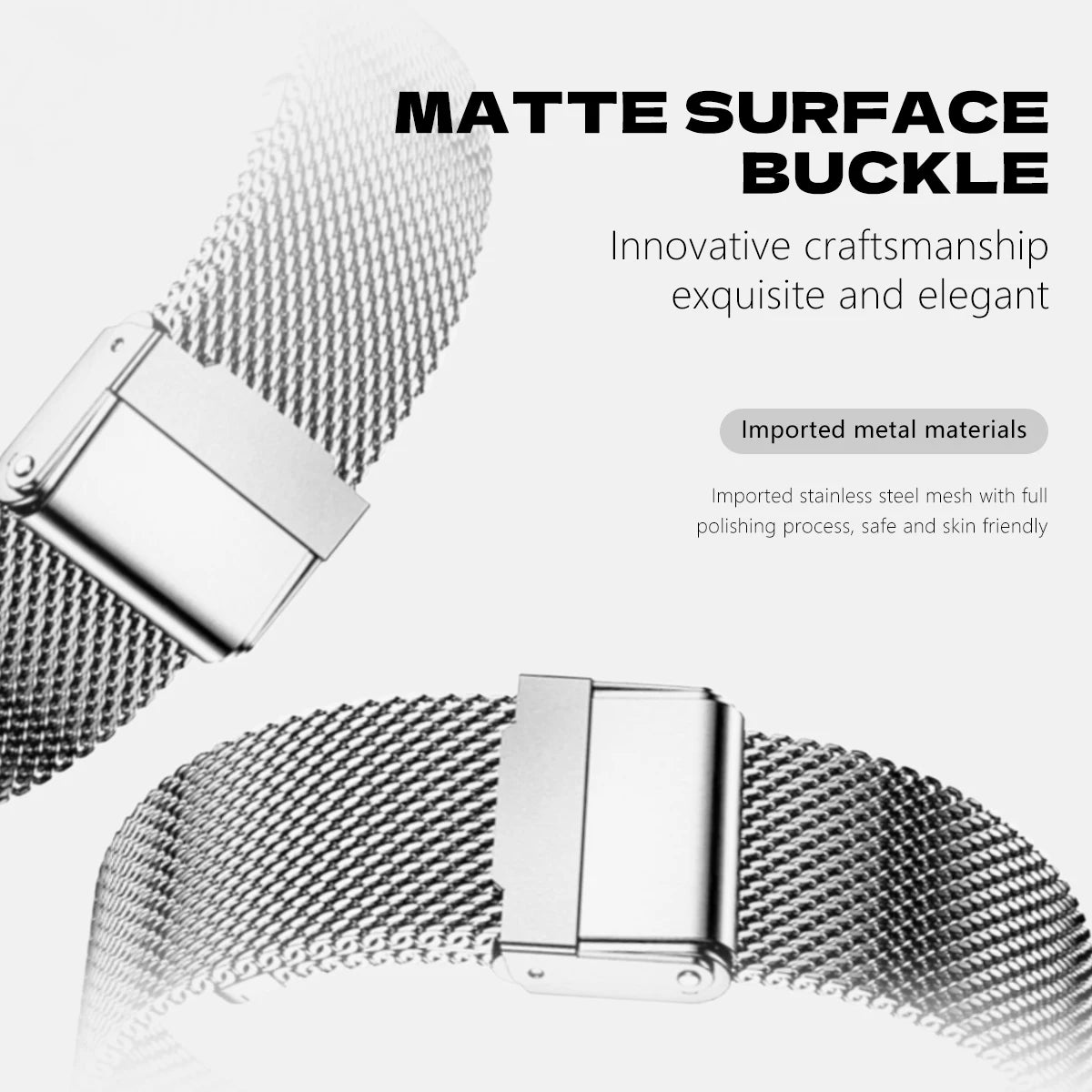 Garmin smartwatch replacement band with matte surface buckle, crafted from durable stainless steel mesh for comfort and elegance.