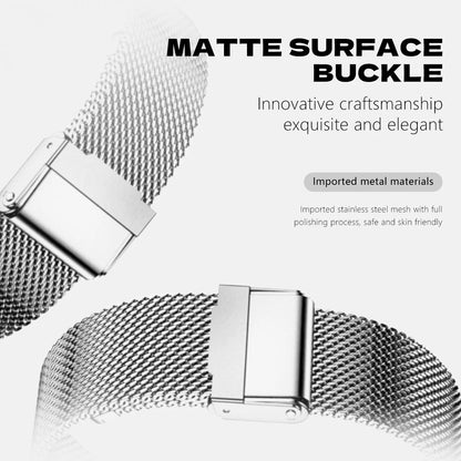 Garmin smartwatch replacement band with matte surface buckle, crafted from durable stainless steel mesh for comfort and elegance.