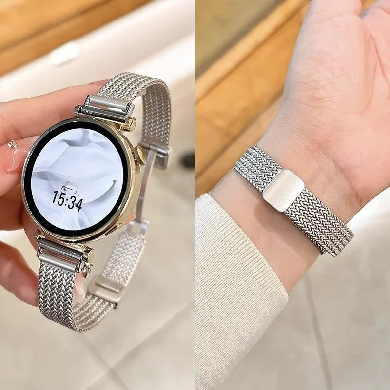 Slim Magnetic Metal Mesh Band in silver on a watch