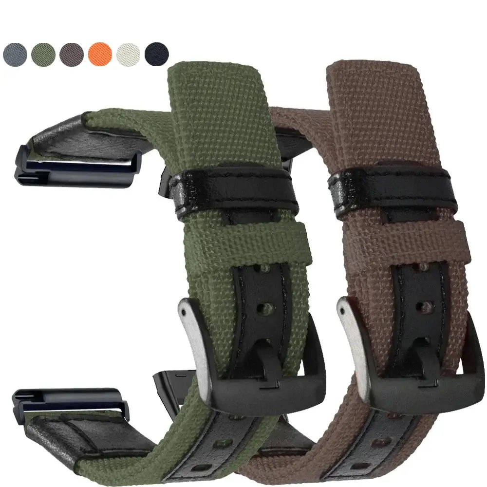 Fitbit Versa & Sense Nylon Band with Leather Details - Green and brown bands with color swatches