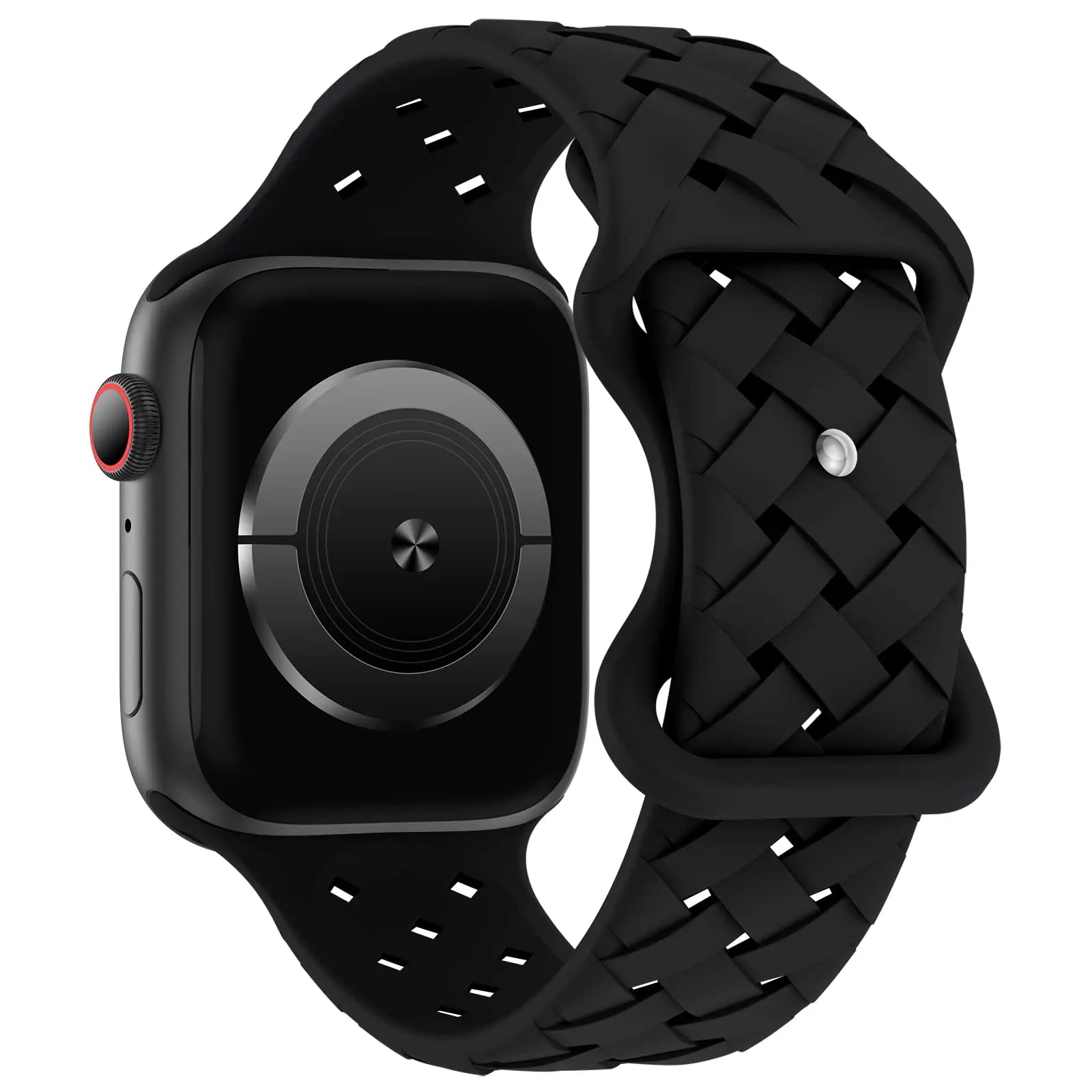 Apple Watch with black silicone braided strap, sporty and breathable for all-day comfort and durability.