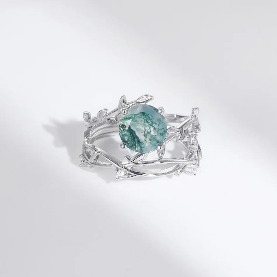 Moss Agate Square Leaf Ring, 925 Sterling Silver - view 3