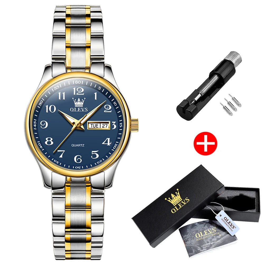 Women's Arabic Numeral Day-Date Bracelet Watch — Two Tone / Blue Dial — BandsCo Straps