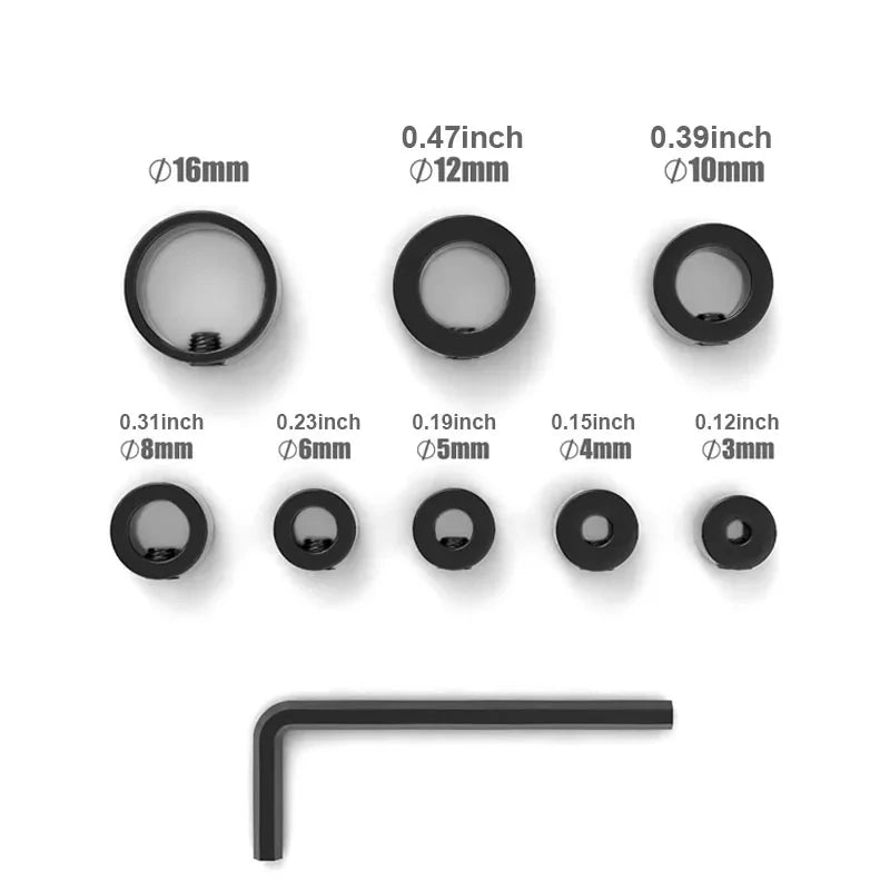 Drill stop collar set, 8 collars from 3mm to 16mm with hex key