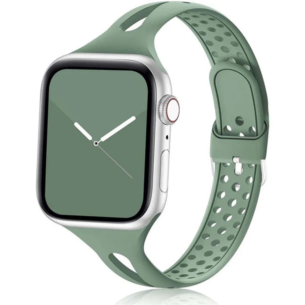 Green silicone strap for Apple Watch, featuring a breathable design and soft, flexible material for comfort.
