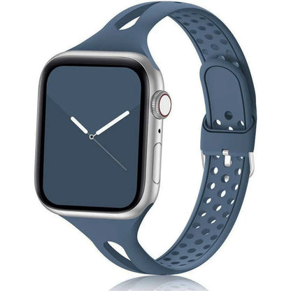 Apple Watch with blue silicone strap, featuring a breathable design for all-day comfort and style.