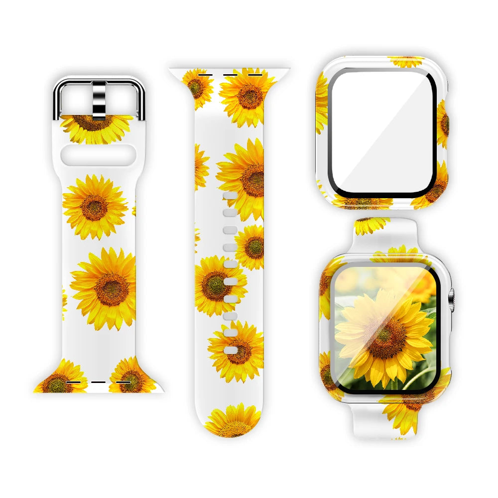 Apple Watch Silicone Strap with vibrant sunflower print, showcasing unique style and comfort for daily wear.