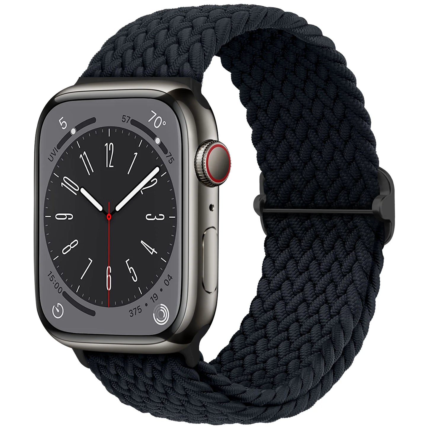 Apple Watch with braided soft elastic nylon strap, showcasing comfort and style for all-day wear.