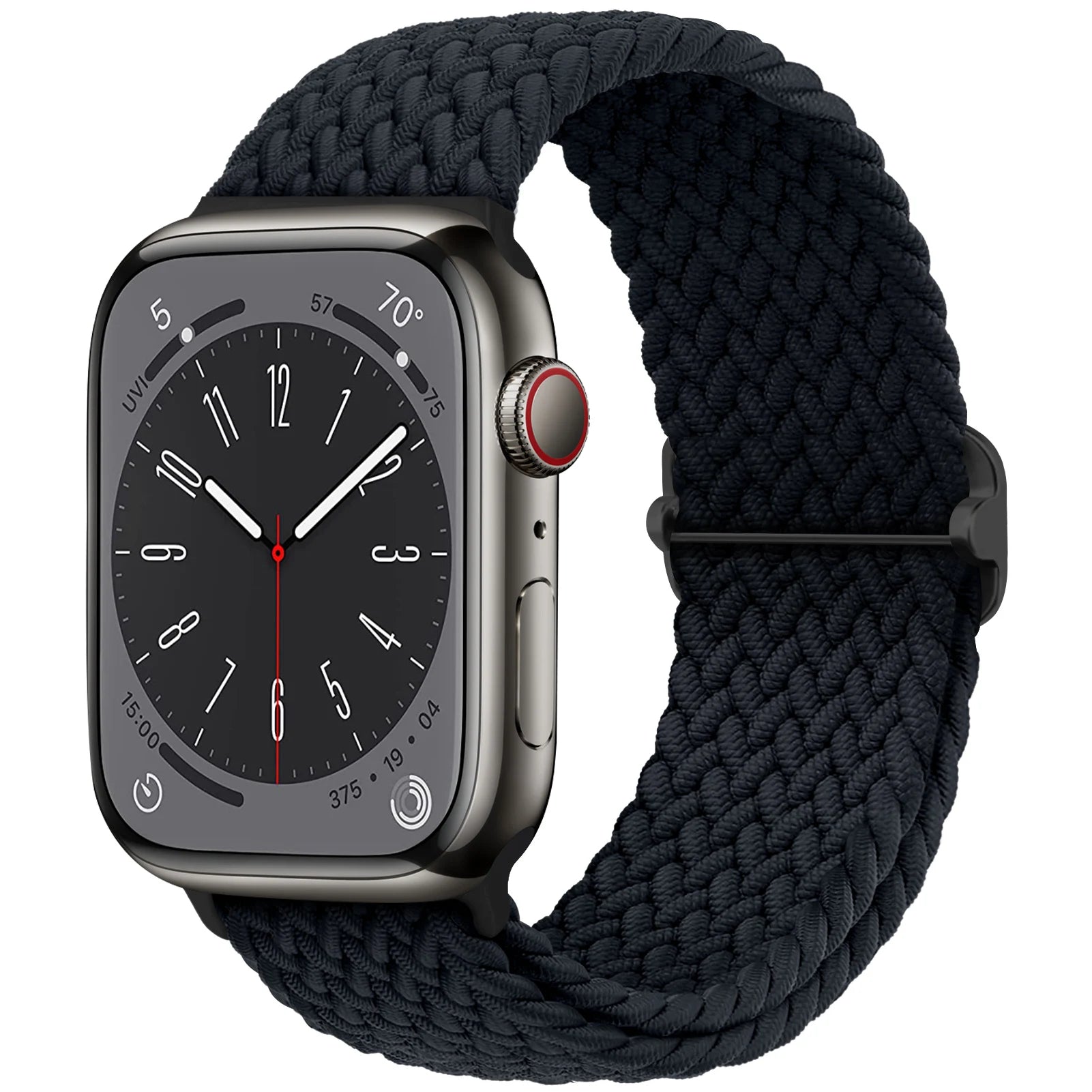 Apple Watch with braided soft elastic nylon strap, showcasing comfort and style for all-day wear.