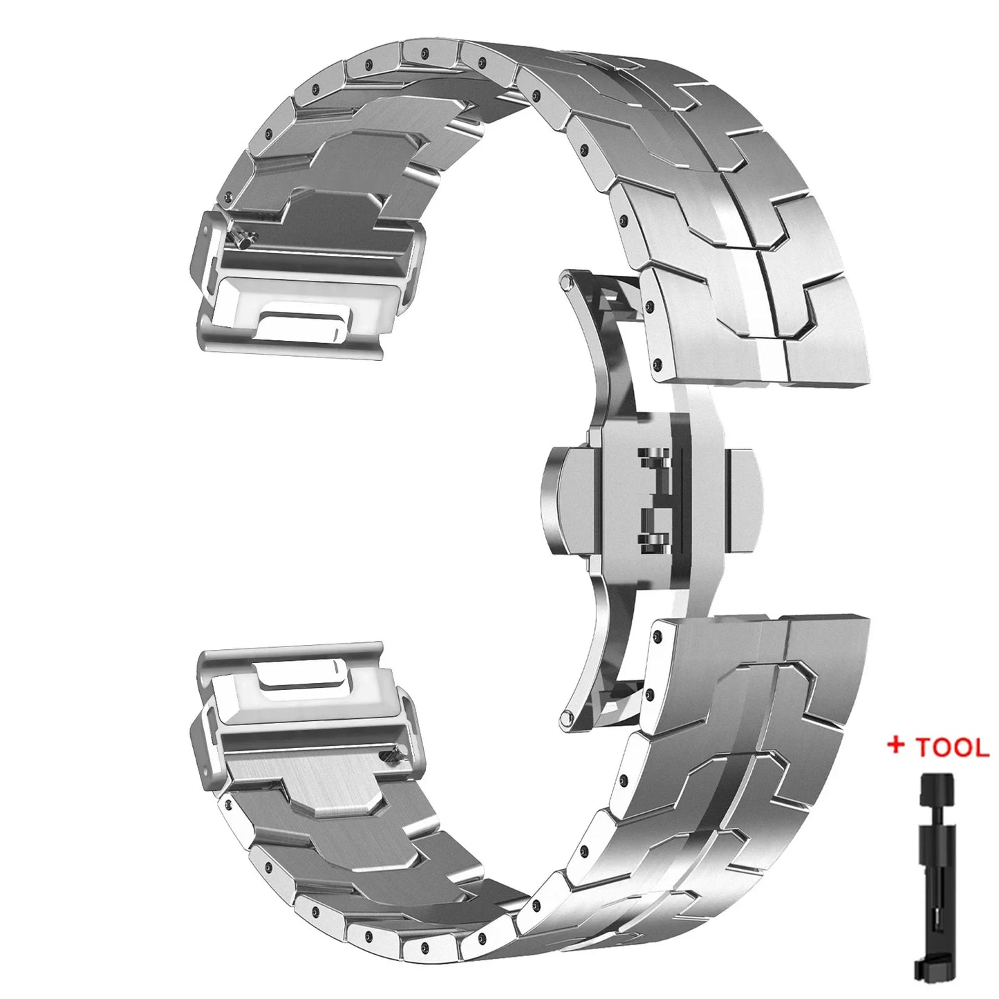 Garmin QuickFit stainless steel strap, elegant and durable replacement band for Garmin smartwatches.
