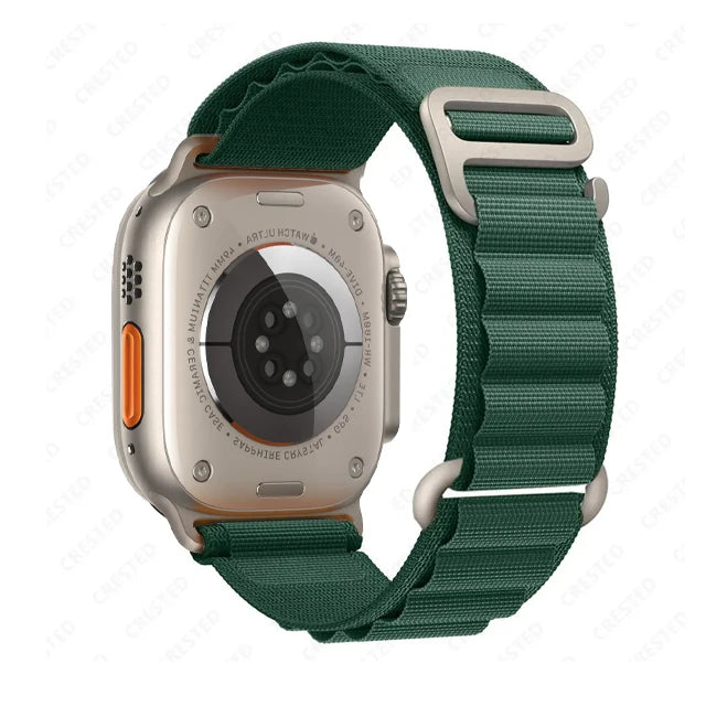 Apple Watch with rugged green nylon strap, showcasing durability and style for outdoor adventures.