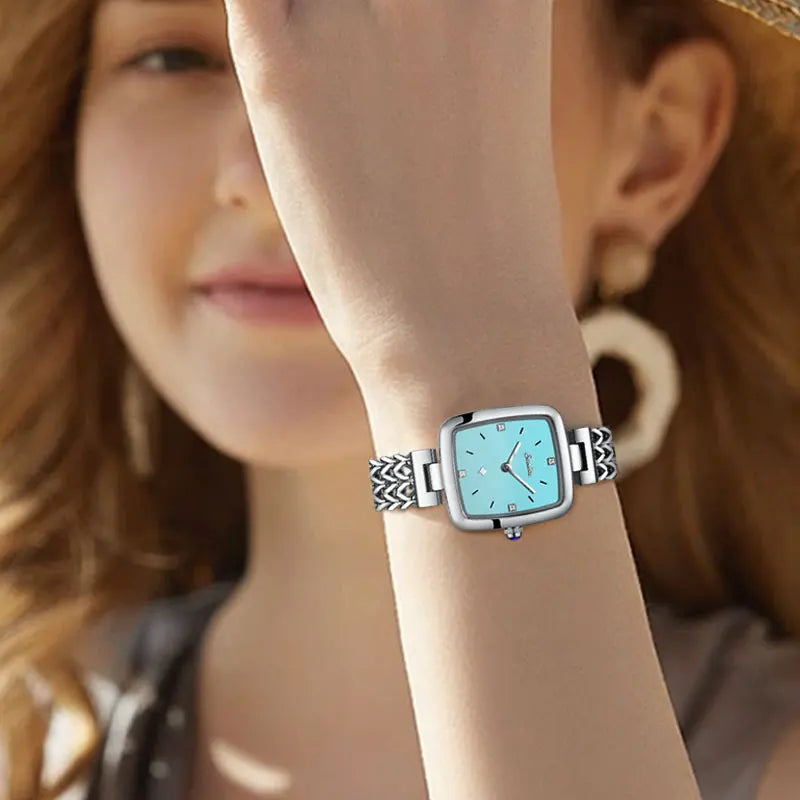 Women's Square Quartz Watch with Braided-Link Bracelet — Aqua dial watch worn on wrist