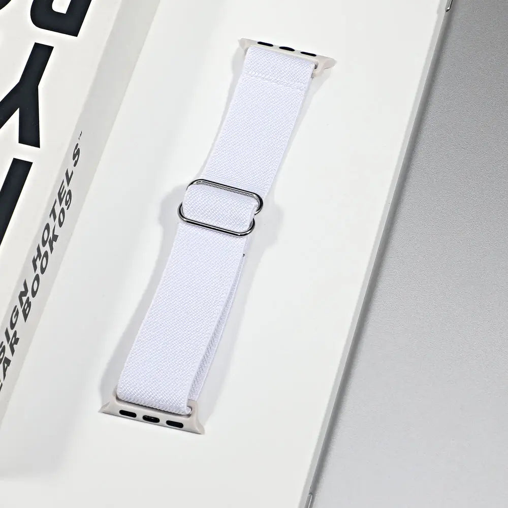 Apple Watch nylon sport loop strap in white, designed for comfort and breathability, ideal for daily wear and workouts.