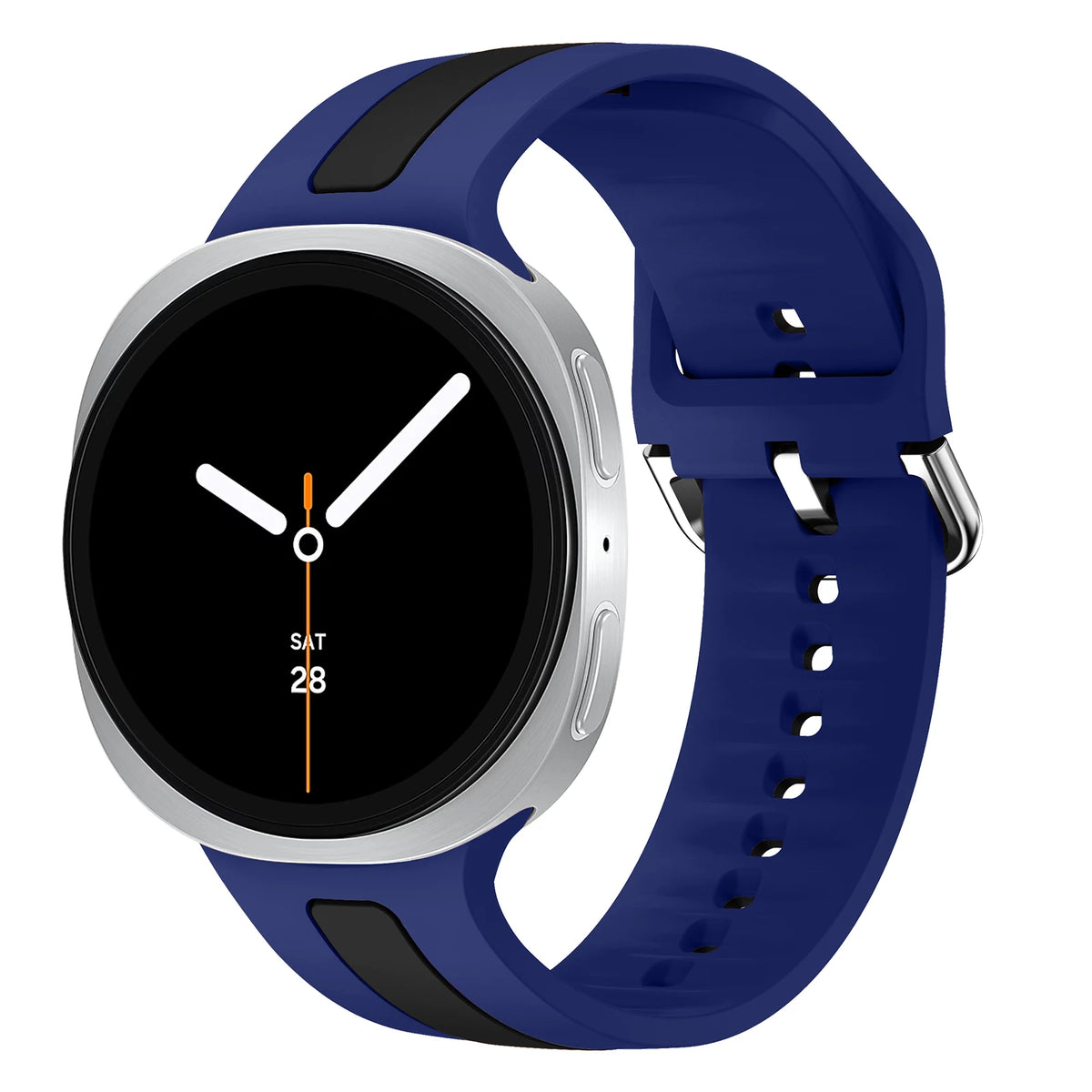 Samsung Galaxy Silicone Two-Tone Sport Watch Band - Watch8/Watch8 Classic/Watch9 in blue and black color with stainless steel buckle.