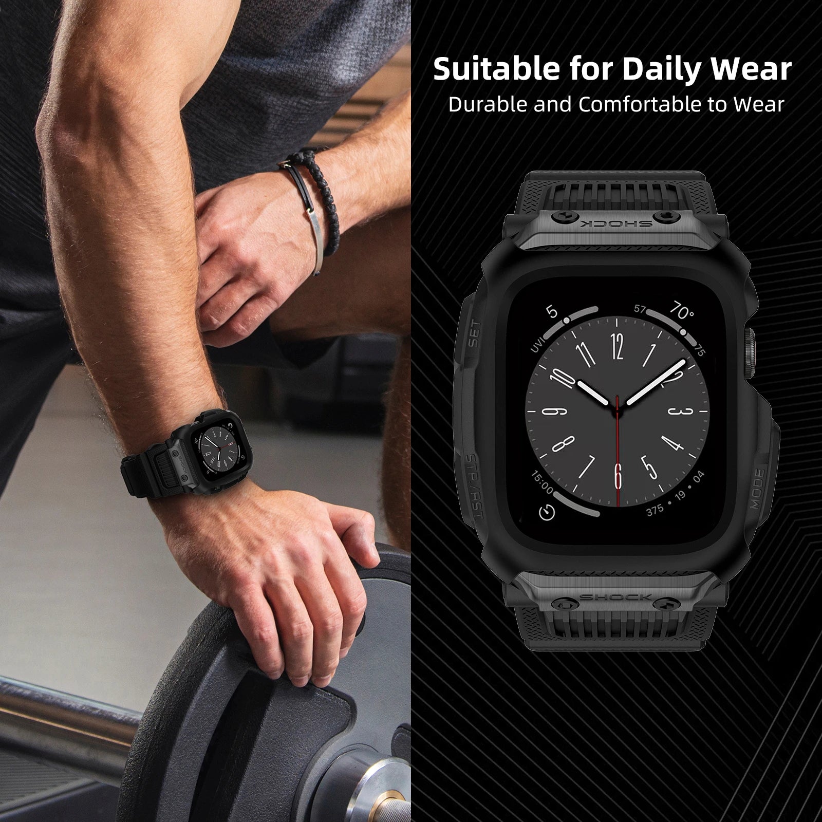 Apple Watch Camouflage rubber strap worn during workout, showcasing durability and comfort for daily wear.