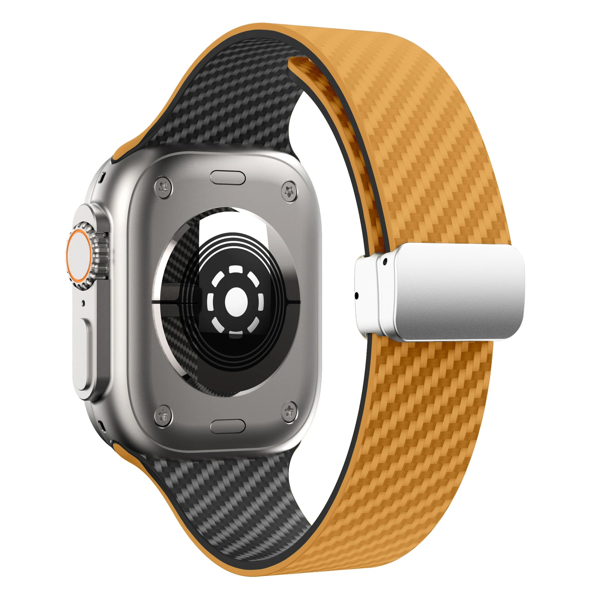 Apple Watch silicone strap with magnetic buckle, featuring a black and orange durable design for comfort and style.
