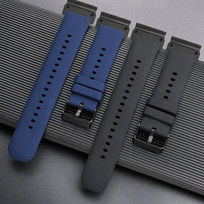 Garmin silicone watch straps in blue and black, perfect replacement bands for smartwatch, designed for comfort and flexibility.