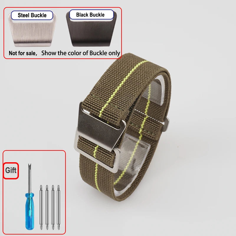 OnePlus Smartwatch Bands Nylon Elastic Parachute Fabric Watch Strap in brown with buckle options and included tools.